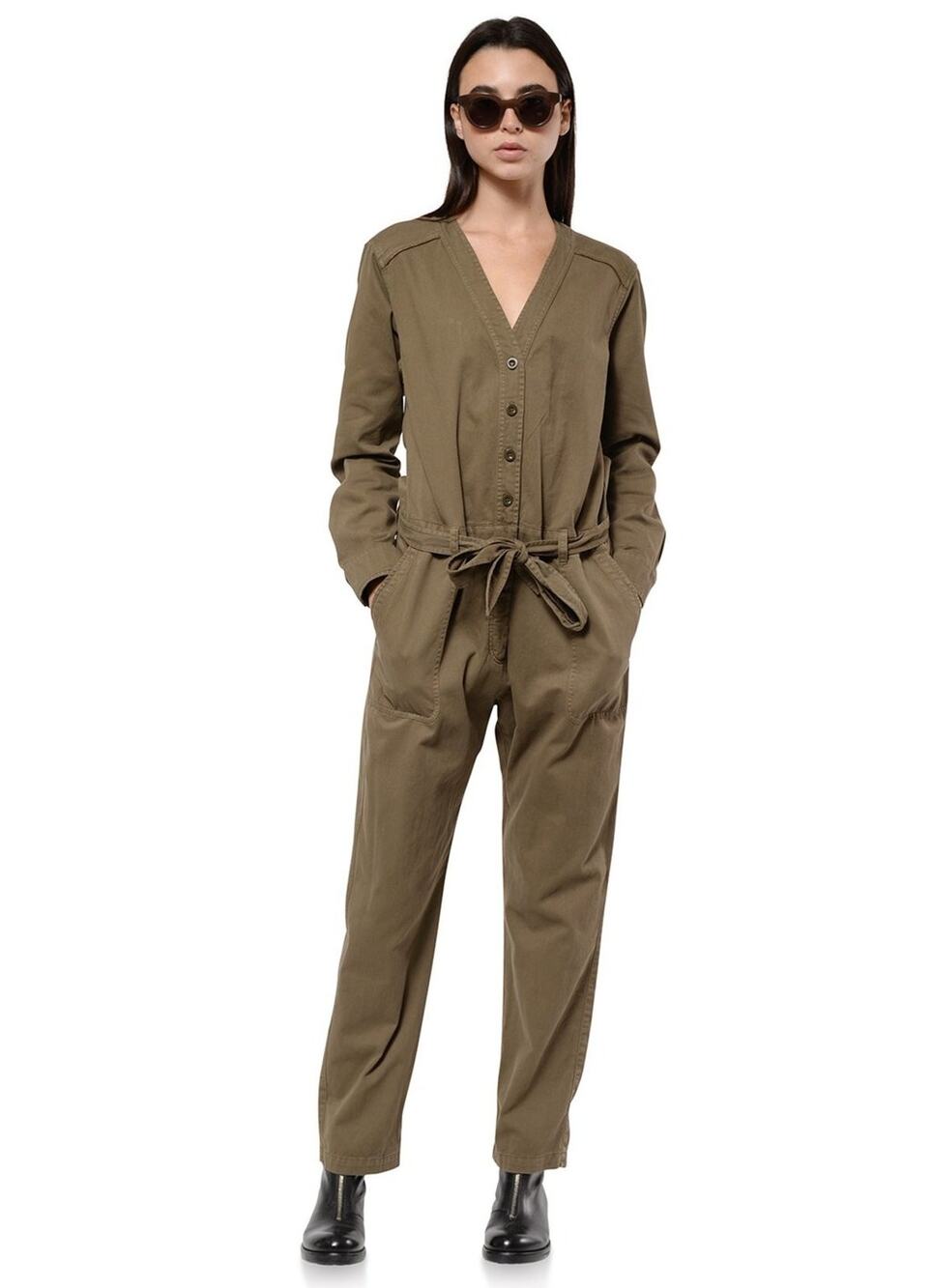 New Xirena Wylder Jumpsuit Olive Green Button Belted Pockets Straight Leg Sz M